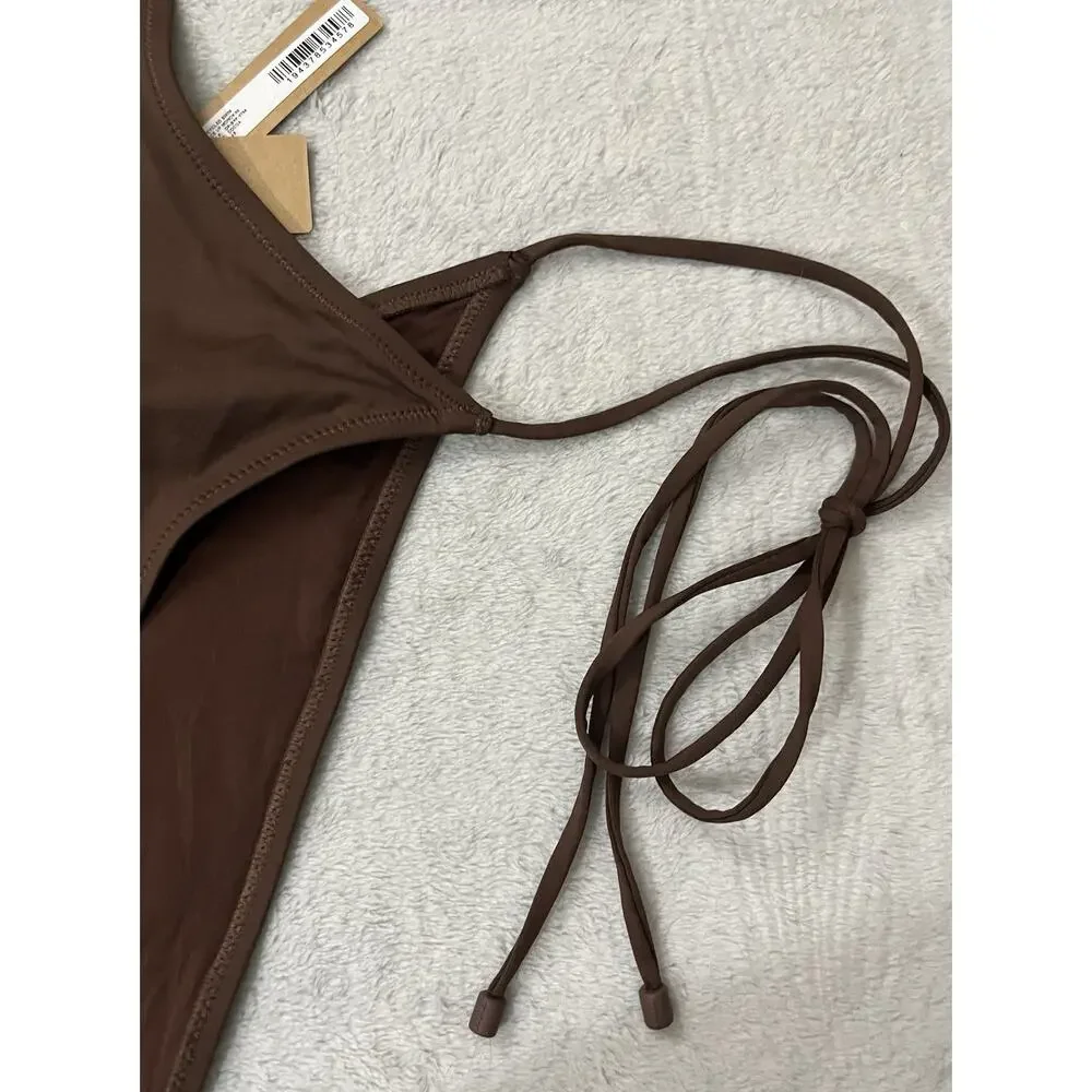 Skims Recycled Swim Lace Up String Monokini 4X Rich Cocoa Brown OP-BRF-2794 NEW
